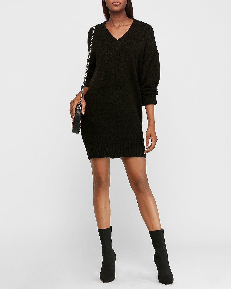 V-Neck Sweater Shift Dress in Pitch ...